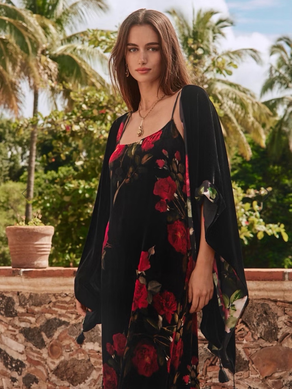 Johnny Was Rosana Black Velvet Slip Dress with Red Rose Print - size small - Picture 5 of 10